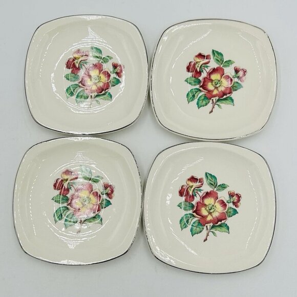 Paden City Pottery Set of 4 Square Saucer Plates Rosewood Floral Vintage USA - Picture 1 of 13